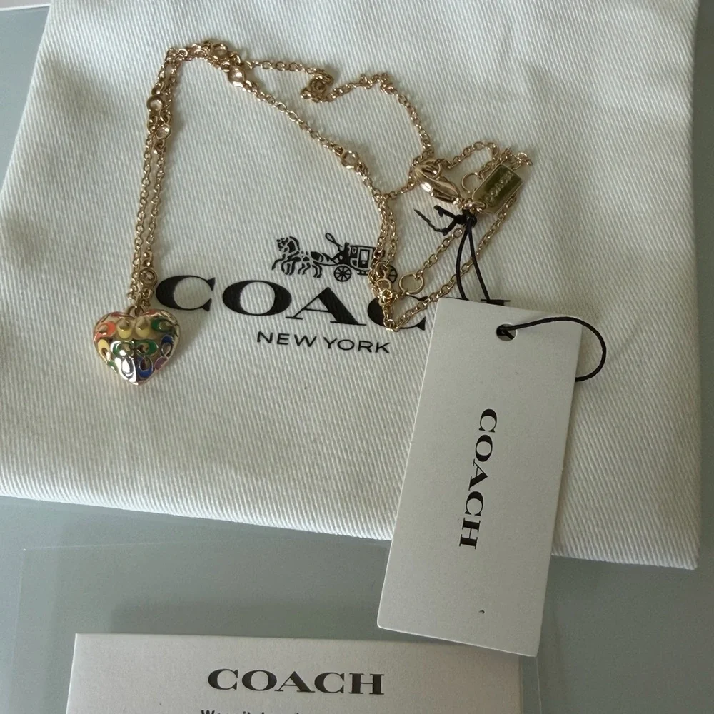 Coach Gold rainbow heart Necklace earrings and Bracelet jewelry Set